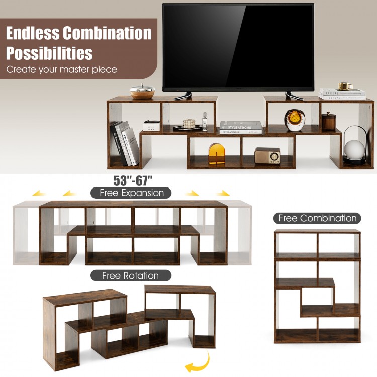 L-shaped and rectangular shelves of a brown TV stand for TVs up to 65 inches, featuring spacious storage and a.