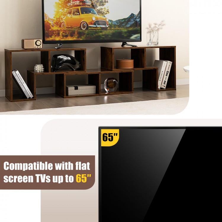 L-shaped and rectangular brown console TV stand for TVs up to 65", featuring 6 open compartments for storage.