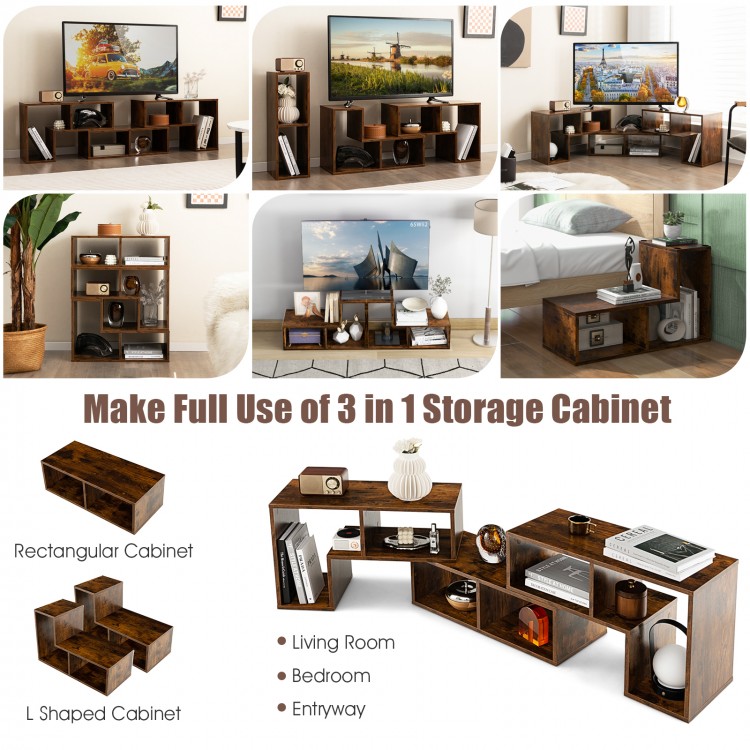 L-shaped and rectangular shelves of a 3-piece console TV stand in brown, ideal for TVs up to 65 inches, perfect for.