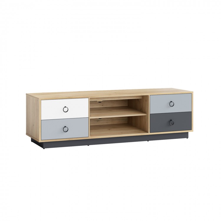 Modern 55-inch TV stand in light wood with 2 storage cabinets and adjustable shelves for organized entertainment.