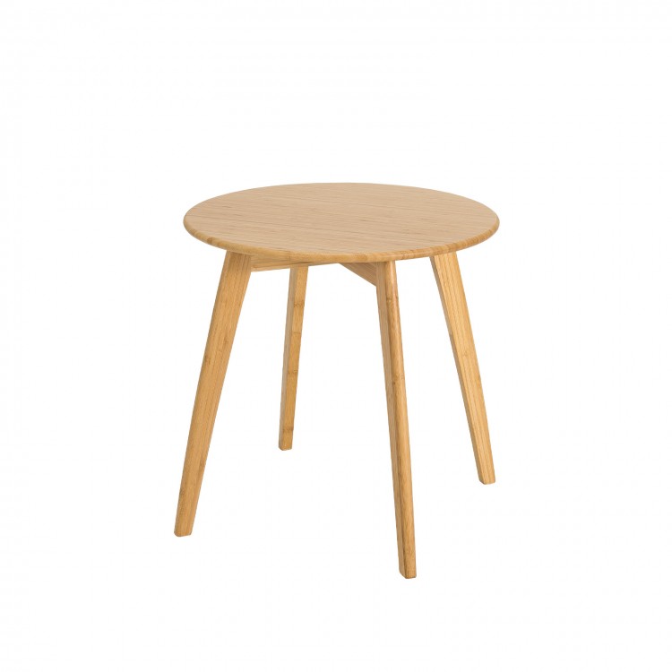 Natural bamboo round end table with a 20-inch tabletop, featuring a sleek design and sturdy X-shaped frame for.
