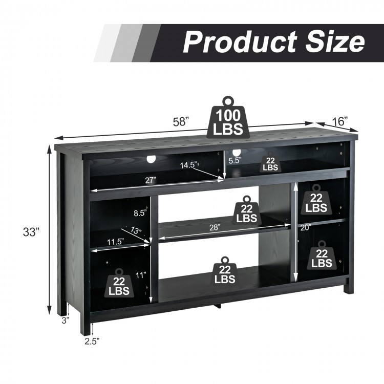 58-inch black TV stand with adjustable shelves, suitable for TVs up to 65 inches, featuring open compartments for.