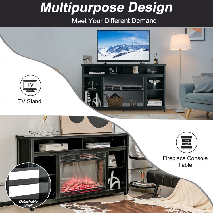 58-inch black TV stand with adjustable shelves, designed for TVs up to 65", versatile for storage and entertainment.
