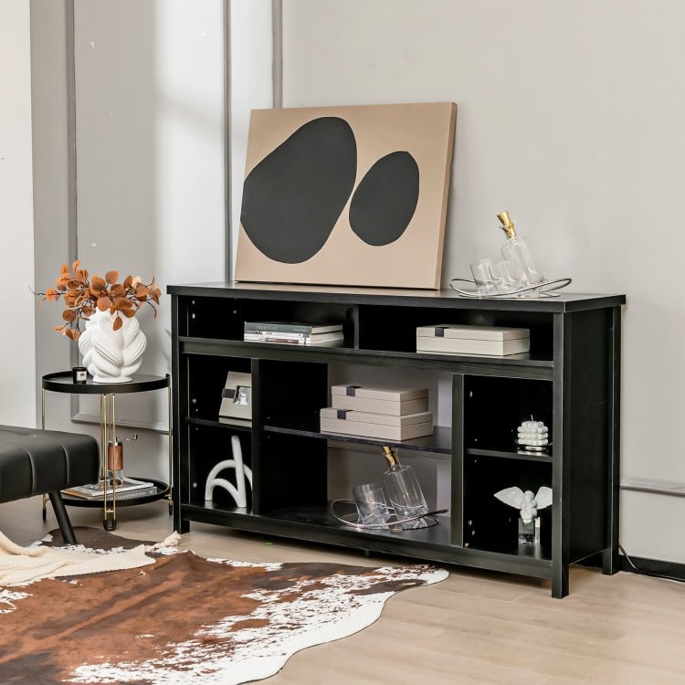 Black 58-inch TV stand with adjustable open shelves, designed for TVs up to 65", ideal for modern entertainment spaces.