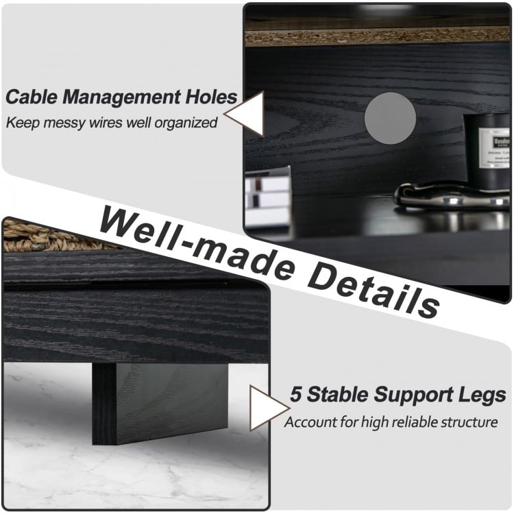 Close-up of cable management holes and stable support legs on the 58-inch black TV stand for organized and sturdy use.