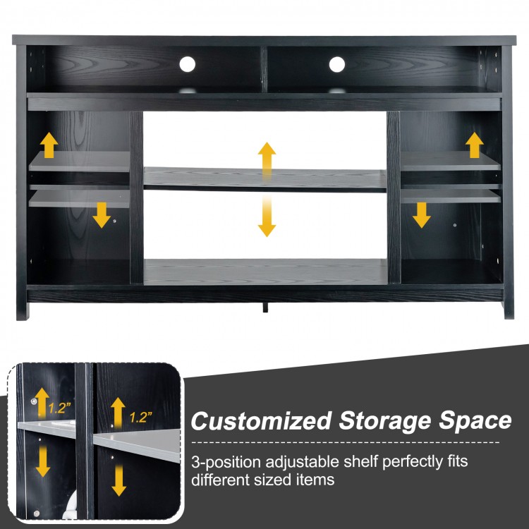 58-inch black TV stand with adjustable open shelves, designed for TVs up to 65 inches, perfect for organized storage.