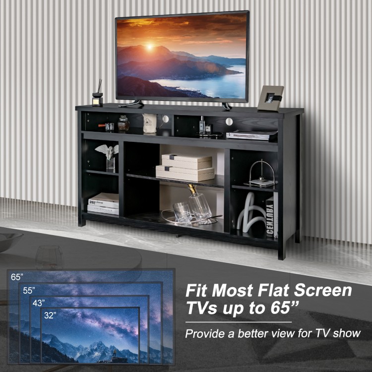 58-inch black TV stand with adjustable shelves, fits TVs up to 65", ideal for organized entertainment spaces.