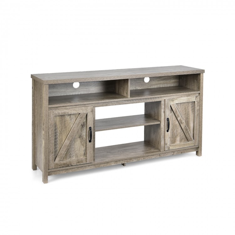 Farmhouse TV stand in natural finish with two side cabinets and open shelves, perfect for stylish media organization.