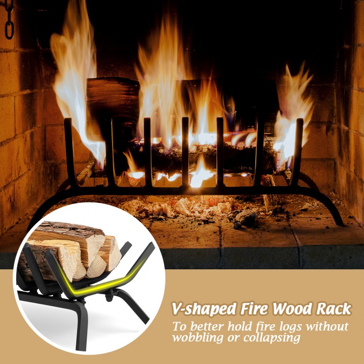 V-shaped fireplace grate made of solid wrought iron for outdoor fire pits, ensuring stability and efficient burning.