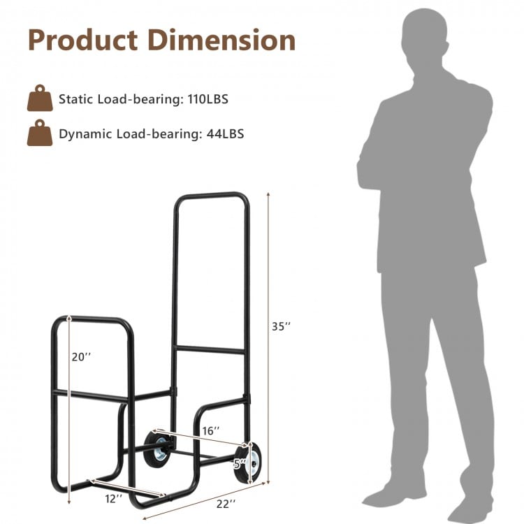 Firewood log cart carrier with sturdy steel frame, anti-slip wheels, and dimensions for easy log movement indoors and.