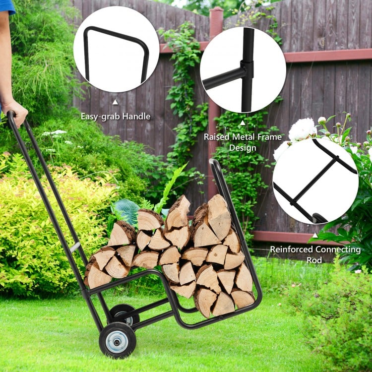 Firewood log cart carrier with sturdy steel frame, raised design, and wear-resistant wheels for easy log transport.