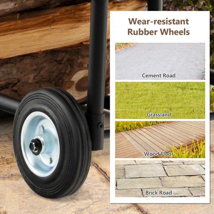 Close-up of wear-resistant rubber wheels on the firewood log cart carrier, suitable for various surfaces like grass and.