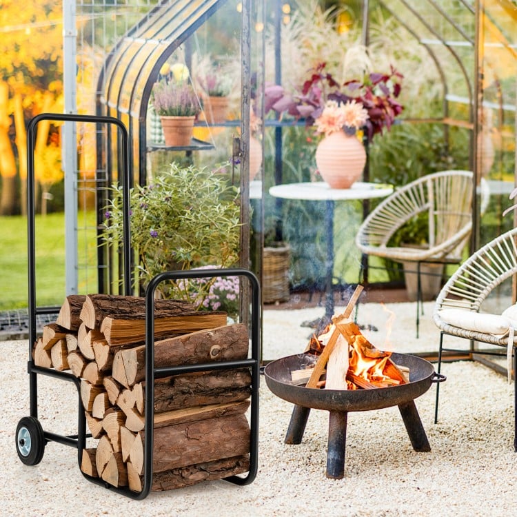 Firewood log cart carrier with sturdy steel frame and wear-resistant wheels, perfect for easy log movement outdoors.