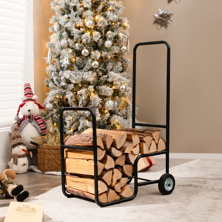 Firewood log cart carrier with sturdy steel frame and wear-resistant wheels, perfect for indoor and outdoor log.