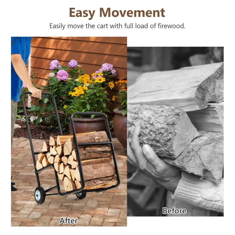 Firewood log cart carrier with sturdy steel frame and wear-resistant wheels, ideal for easy indoor and outdoor log.