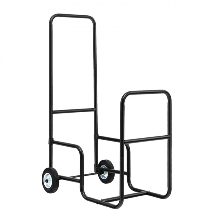 Firewood log cart carrier with sturdy steel frame and wear-resistant wheels for easy indoor and outdoor log movement.