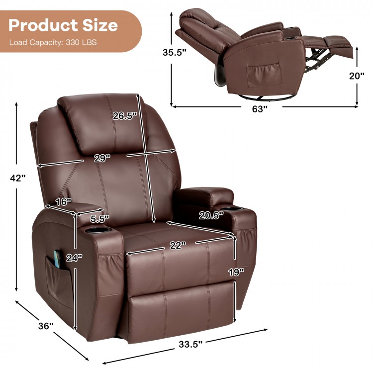 Brown massage recliner chair with dimensions labeled, featuring 8 massage points, 360-degree swivel, and lumbar heating.