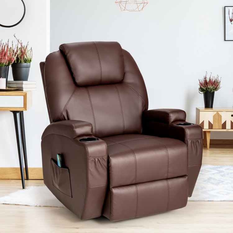 Brown massage recliner chair with remote, showcasing side pockets and cup holders for convenient storage and comfort.
