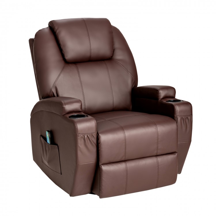 Brown 360-degree swivel massage recliner chair with remote, featuring 8 massage points and adjustable reclining for.