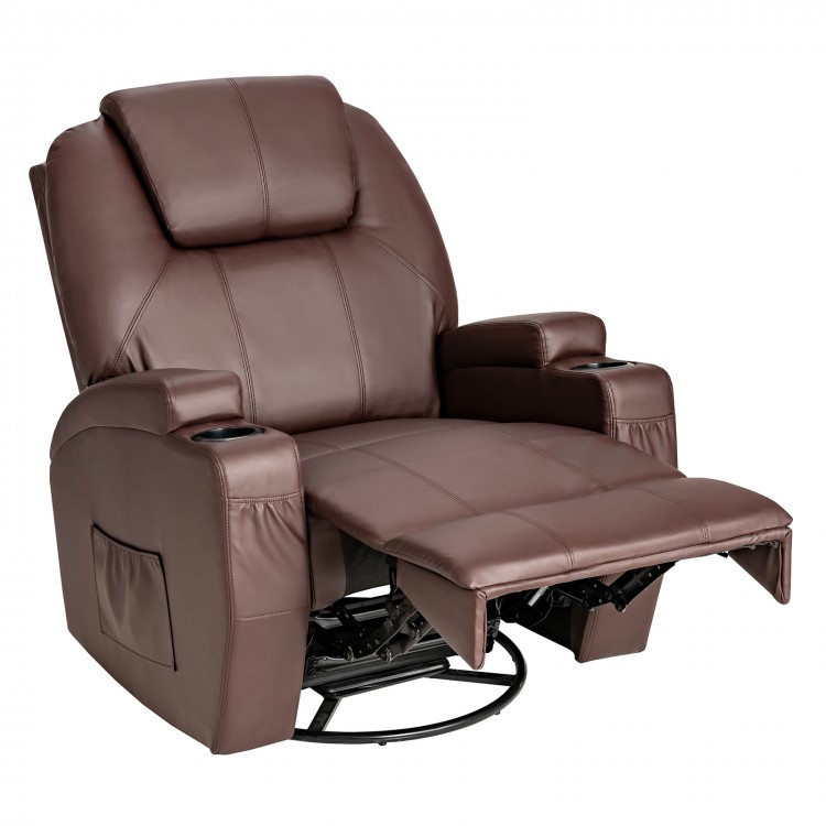 Brown 360-degree swivel massage recliner chair with remote, featuring 8 massage points and extendable footrest for.