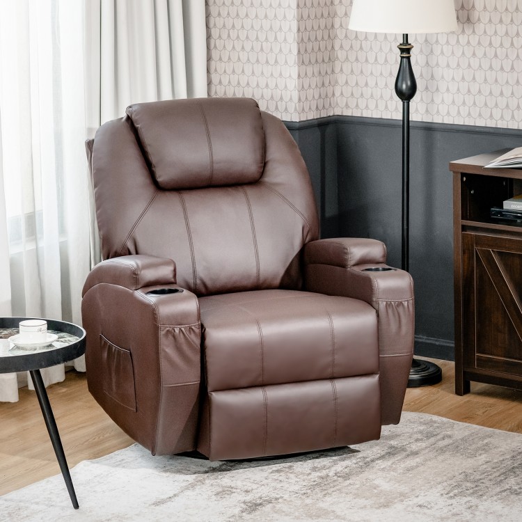 Brown 360-degree swivel massage recliner chair with remote control, featuring 8 massage points and adjustable reclining.