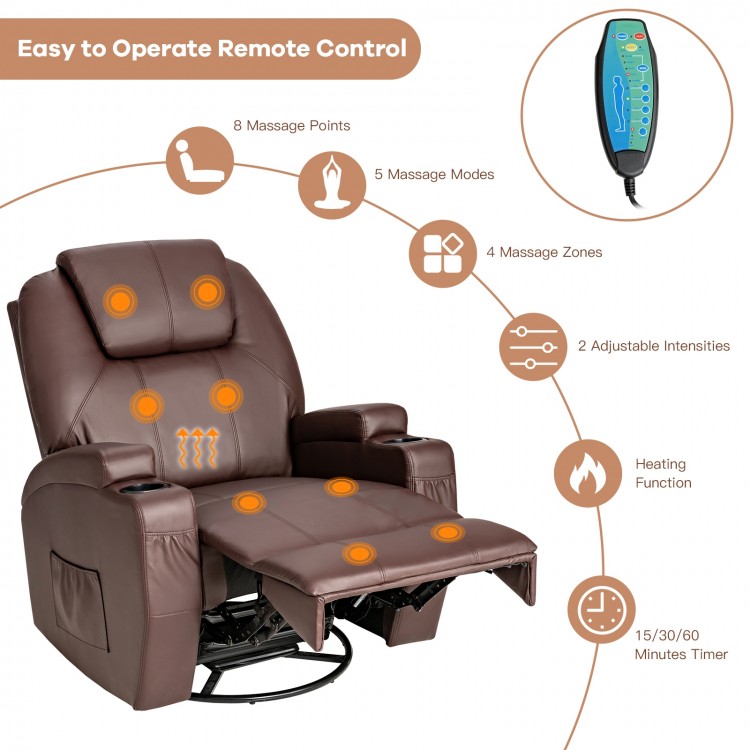Brown 360-degree swivel massage recliner chair with remote, featuring 8 massage points and heating function for.