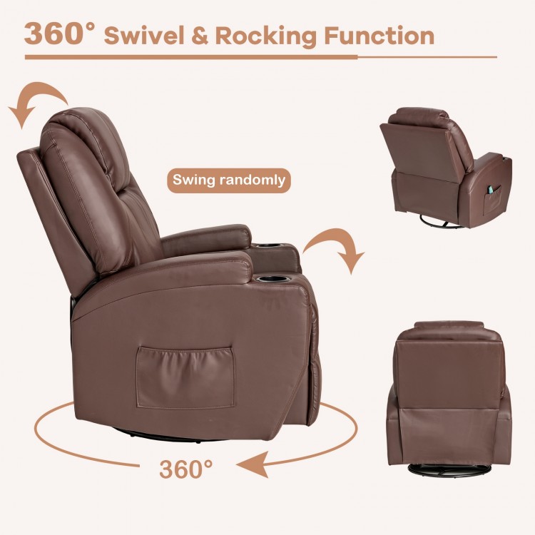 Brown 360-degree swivel massage recliner chair with remote, featuring 8 massage points and adjustable reclining angle.