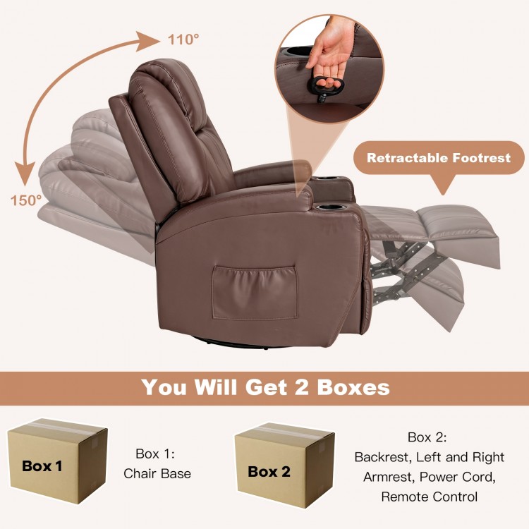 Brown 360-degree swivel massage recliner chair with remote, featuring adjustable reclining, heating, and cup holders.