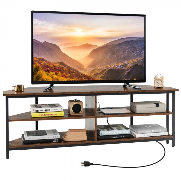 Rustic brown 3-tier corner TV stand showcasing its spacious open compartments and built-in charging station for.