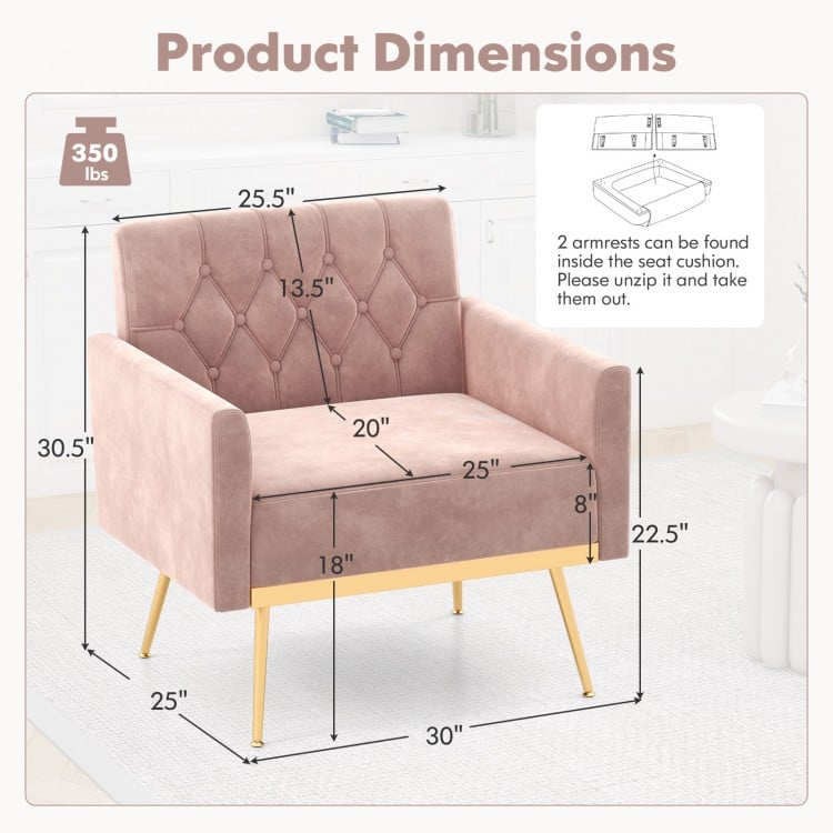 Product dimensions of the pink modern velvet accent chair with button tufted back and golden metal legs.