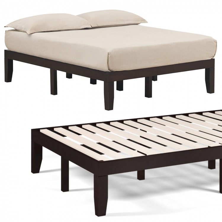 Brown 14-inch full-size wood platform bed frame with solid wood slat support and ample under-bed storage space.
