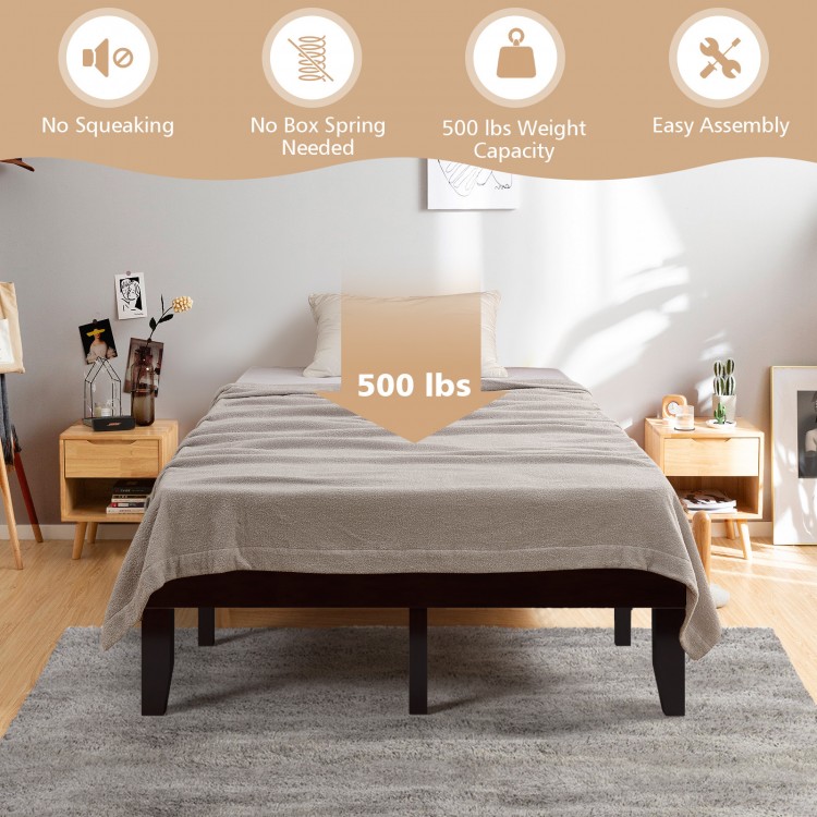 Full size wood platform bed frame in brown with 500 lbs capacity, featuring solid wood slats and modern design for easy.
