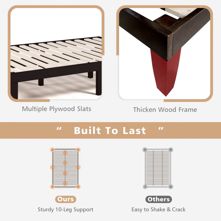 14-inch full-size wood platform bed frame in brown with sturdy plywood slats and a modern design for easy assembly.