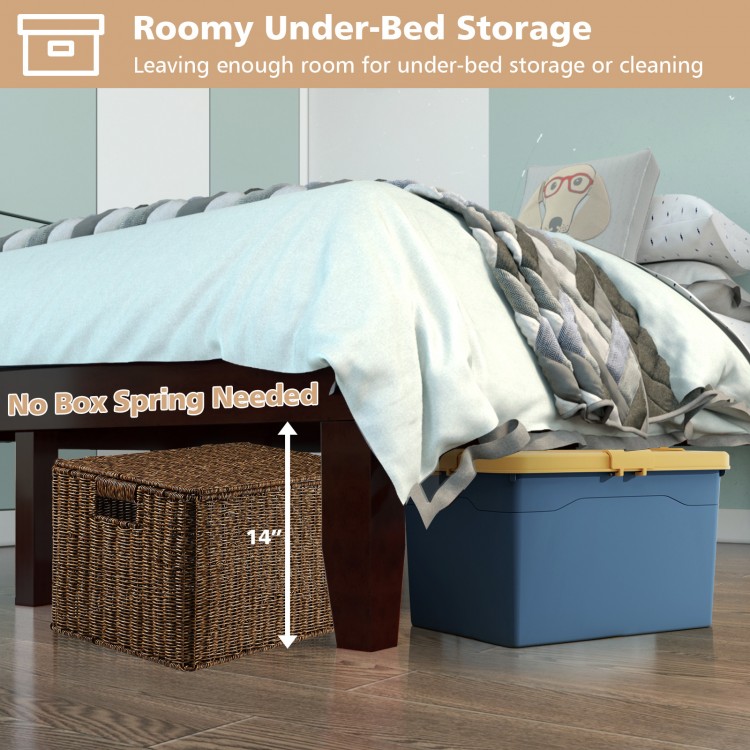 14-inch full-size wood platform bed frame with under-bed storage space, featuring solid wood slats for mattress support.