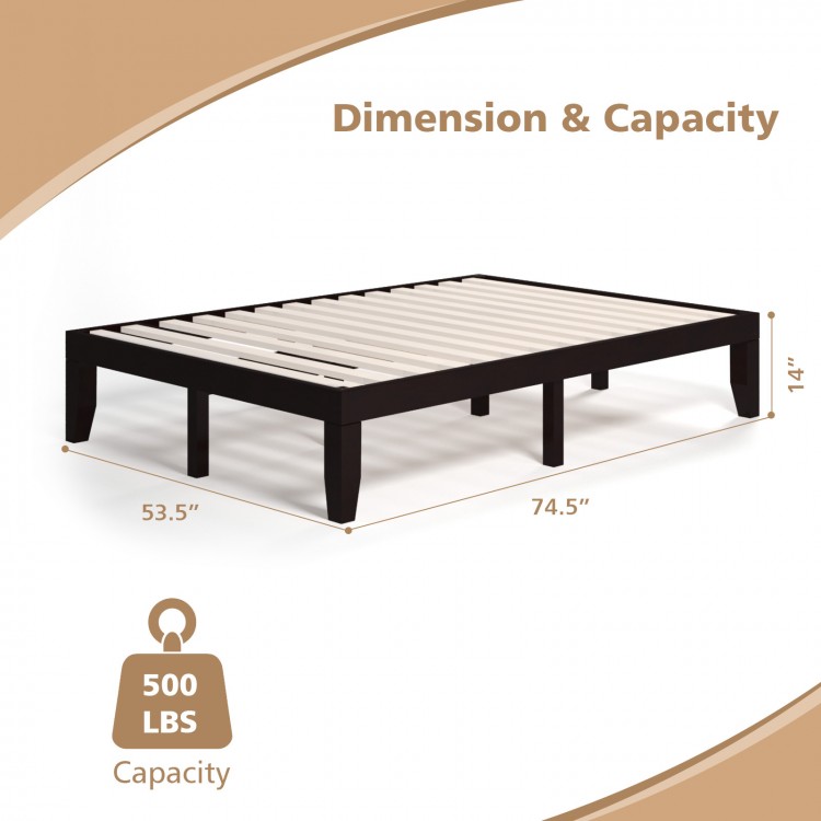 14-inch full-size wood platform bed frame in brown with 500 lbs capacity and slat support, ideal for under-bed storage.