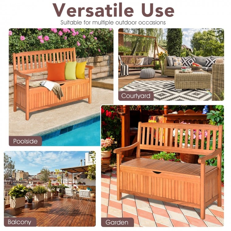 33 Gallon Wooden Storage Bench in natural teak color with flip-top lid, perfect for patio or garden seating and storage.