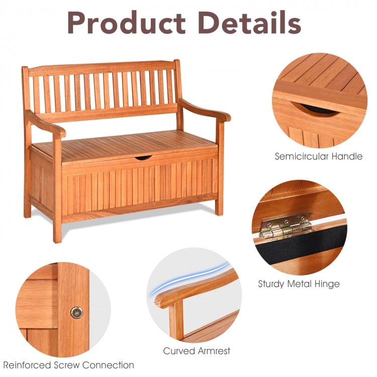 Wooden storage bench with a flip-top lid, curved armrest, and natural teak color for patio or garden use.