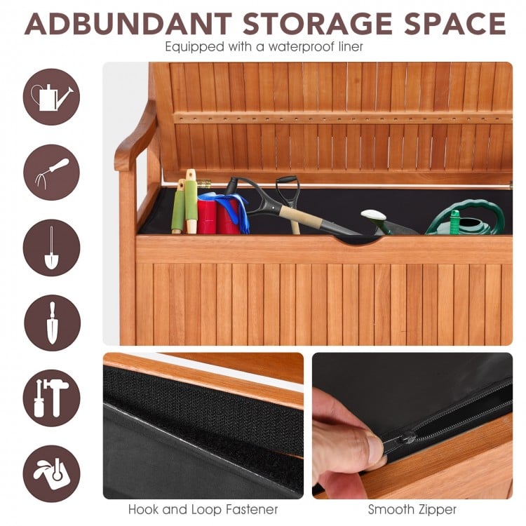 Wooden storage bench with a waterproof liner, featuring a flip-top lid and ample storage for patio or garden use.
