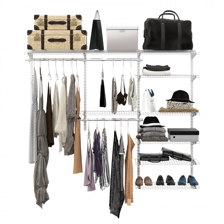 Adjustable closet organizer kit in gray featuring shelves, hanging rods, and ample storage for efficient space.