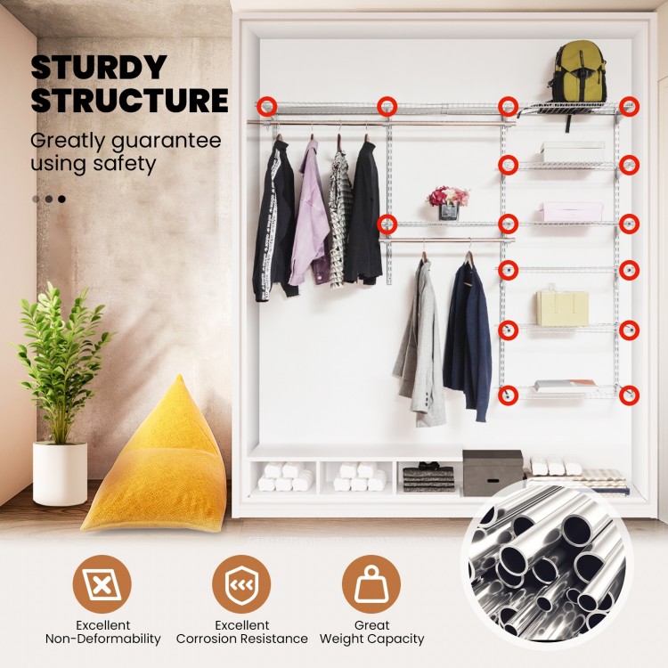 Adjustable closet organizer kit in gray with shelves and hanging rods, ideal for maximizing storage in closets 4 to 6.