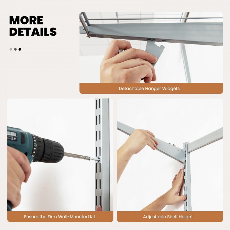 Detachable hanger widgets and adjustable shelf height for the gray adjustable closet organizer kit. Ideal for 4 to 6 ft.