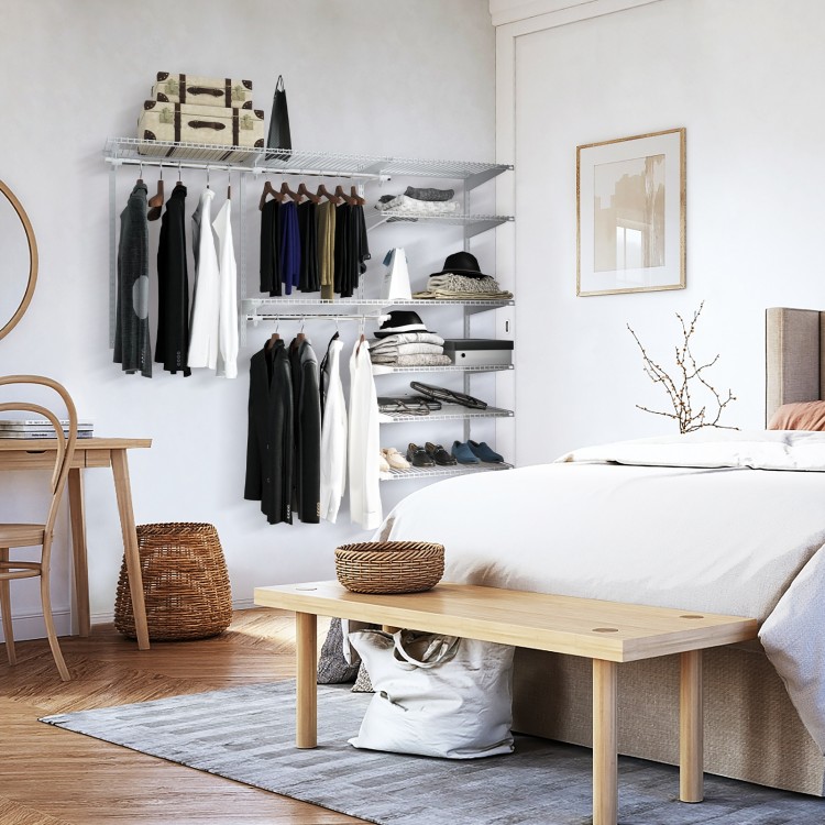 Adjustable closet organizer kit with shelves and hanging rods, designed for 4 to 6 ft closets, ideal for maximizing.