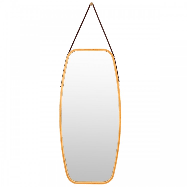 Full-length modern wall mirror with bamboo frame and adjustable leather strap, perfect for any room decor.