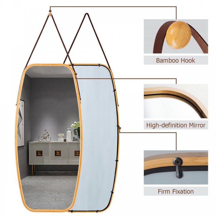 Full-length modern wall mirror with bamboo frame and adjustable leather strap, ideal for bedroom or living room decor.