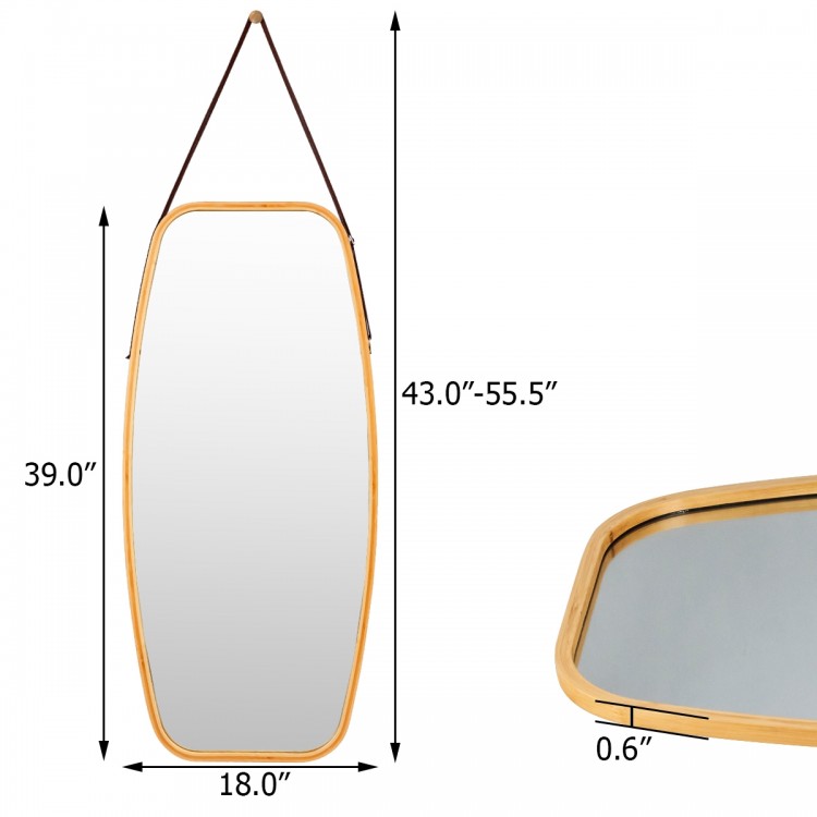 Close-up of the bamboo frame edge of a modern wall mirror with adjustable leather strap, enhancing any room's decor.