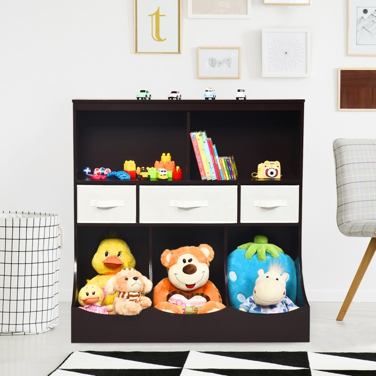 Freestanding brown cubby storage organizer with three baskets and open shelves for toys, books, and accessories.