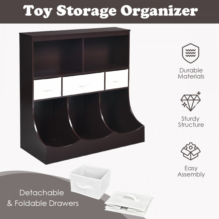 Freestanding brown toy storage organizer with three baskets, two open shelves, and durable, eco-friendly materials.
