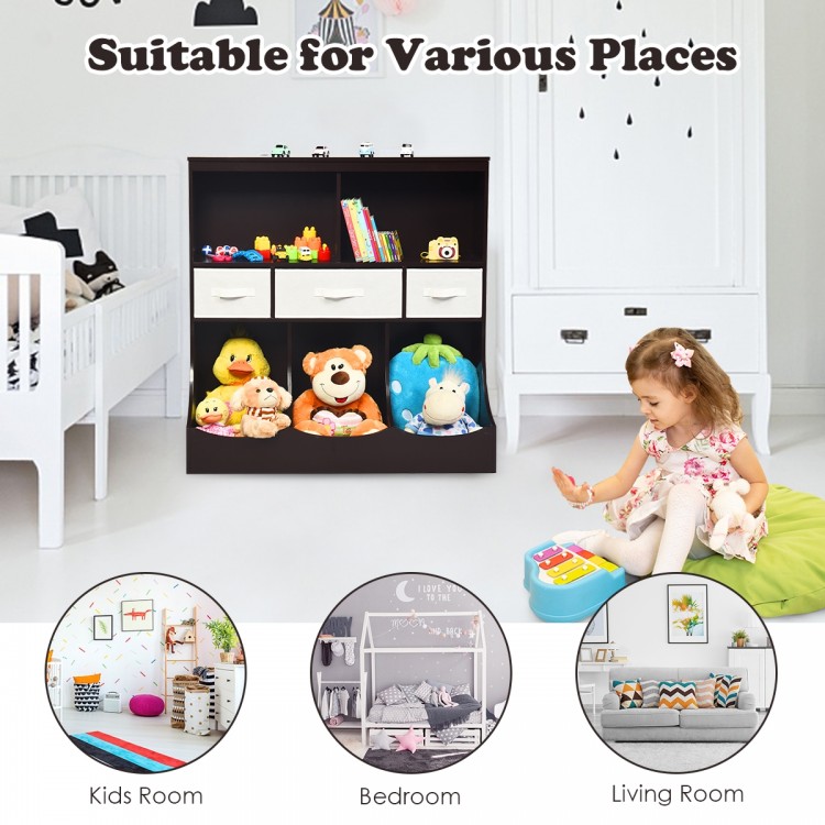 Freestanding brown cubby bin storage organizer with three baskets and open shelves, perfect for kids' rooms or living.