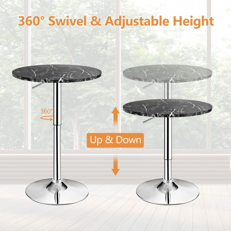 Height adjustable round bistro bar table with faux marble top, 360° swivel, and durable iron base for versatile use.