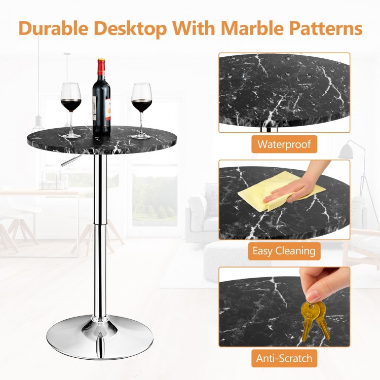 Round height adjustable bistro bar table with black faux marble top, 360° swivel design, ideal for dining and parties.